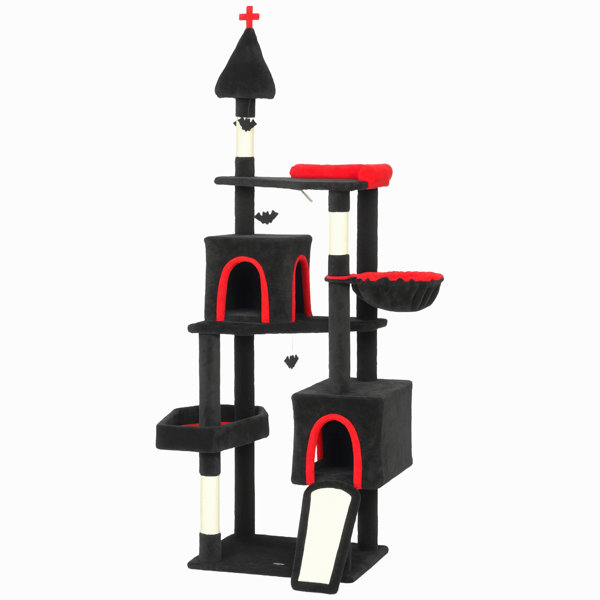 PawHut Gothic Cat Tree, 78″ Extra Tall Cat Tower for Indoor Kittens with 2 Spacious Condos, Sisal Scratching Posts, 4 Bat Hanging Balls, Comfy Hammock, Ramp, Bed, Black and Red Halloween