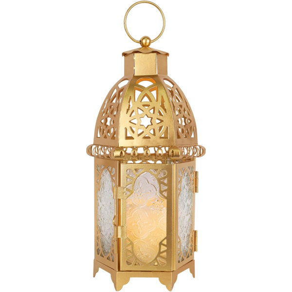 Moroccan Lanterns Decorative Indoor & Outdoor, Vintage Christmas Candle Holder, Metal Lanterns Decorative, Table, Patio, Porch, Shelf, Christmas Spring Ramadan Eid Home Decor (Golden)
