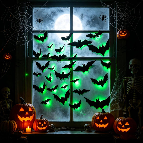 36 Pack Bats Halloween Decorations Bat Wall Stickers | Light Up, 3D Removable Window Decals, Green LED, Indoor/Outdoor Use, Bathroom, Garage Door, Home, Bedroom