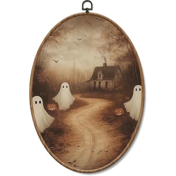 Fall Halloween Ghost Haunted House Framed Wall Art 8.5×11.5in | Gothic Rustic Spooky Cabin Oval Wall Art Decor for Home Room Bedroom, Autumn Ghost Pumpkin Canvas Artwork Hanging Décor