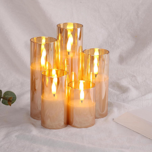Amber Gold Glass Flameless Pillar Candles with Remote Set of 5 | Flickering Fall LED Candles, Batteries Included, Fireplace Living Room Wedding Table Centerpieces Décor