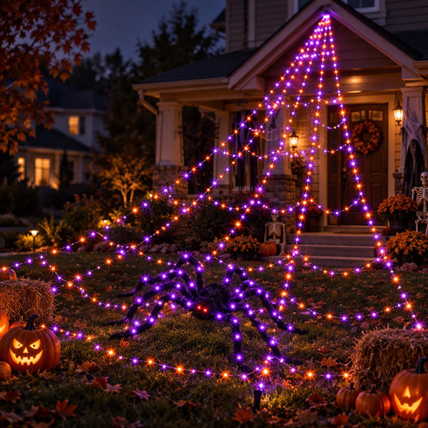 59″ Light-Up Halloween Giant Spider with Orange and Purple Lights Triangular Spider Web, Halloween Yard Decor for Outdoor Lawn, Porch, Haunted House
