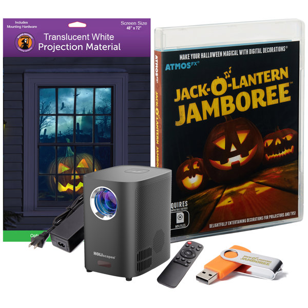 HoliScapes® USB Projector Kit – AtmosFX Jack-O-Lantern Jamboree USB + Projector + 48″ x 72″ Large White Holographic Screen